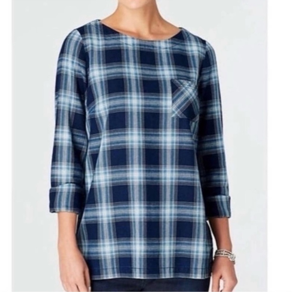 J. Jill Blue Plaid Cotton Womens Large Top 3/4 Sleeve BoatNeck Blouse Modest - Picture 10 of 10